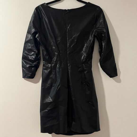 ZARA Black MINI FAUX LEATHER DRESS Draped V-Neck 3/4 Sleeve Womens Small - Picture 4 of 7